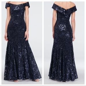 Blue Sequin Mermaid Lace Gown- Off the shoulder- Size 18- David’s Bridal- NWT
